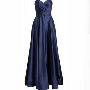 La Femme NWT 28608 Strapless Slit Satin Ballgown Navy Size 10